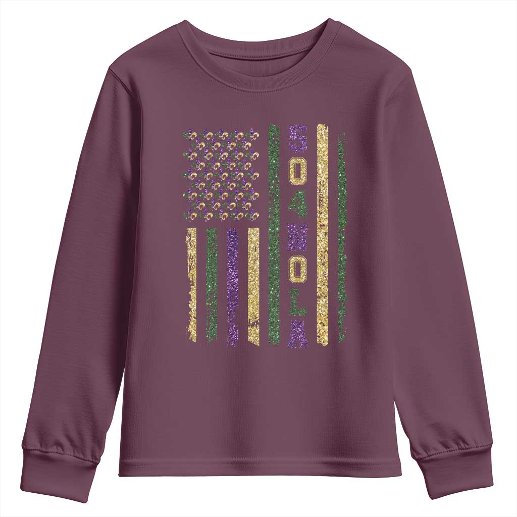 Funny Mardi Gras New Orleans Louisiana Youth Sweatshirt 504 Nola Area Code Glitter Print American Flag TS11 Maroon Print Your Wear