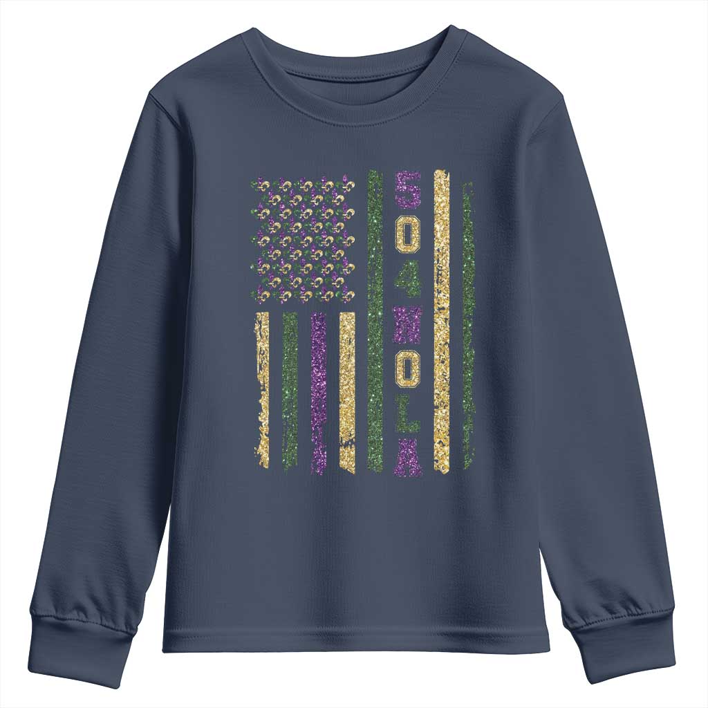 Funny Mardi Gras New Orleans Louisiana Youth Sweatshirt 504 Nola Area Code Glitter Print American Flag TS11 Navy Print Your Wear