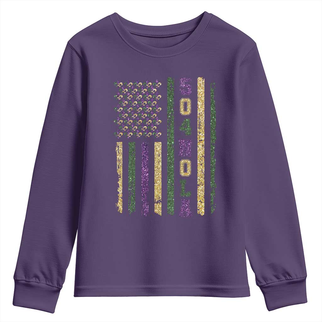Funny Mardi Gras New Orleans Louisiana Youth Sweatshirt 504 Nola Area Code Glitter Print American Flag TS11 Purple Print Your Wear