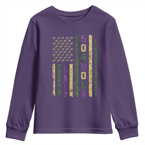 Funny Mardi Gras New Orleans Louisiana Youth Sweatshirt 504 Nola Area Code Glitter Print American Flag TS11 Purple Print Your Wear