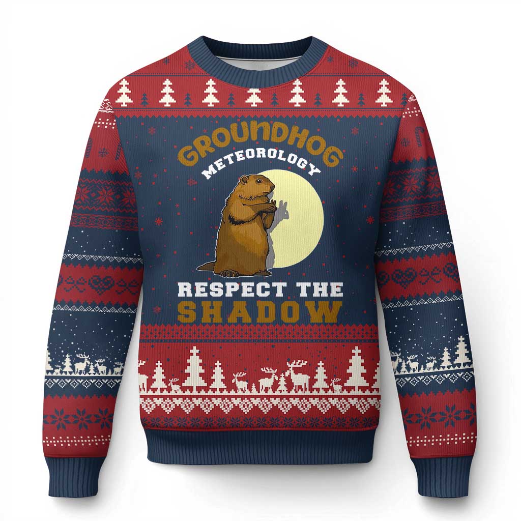 Funny Groundhog Day Ugly Christmas Sweater Groundhog Meteorology Respect The Shadow TS11 Navy Red Print Your Wear