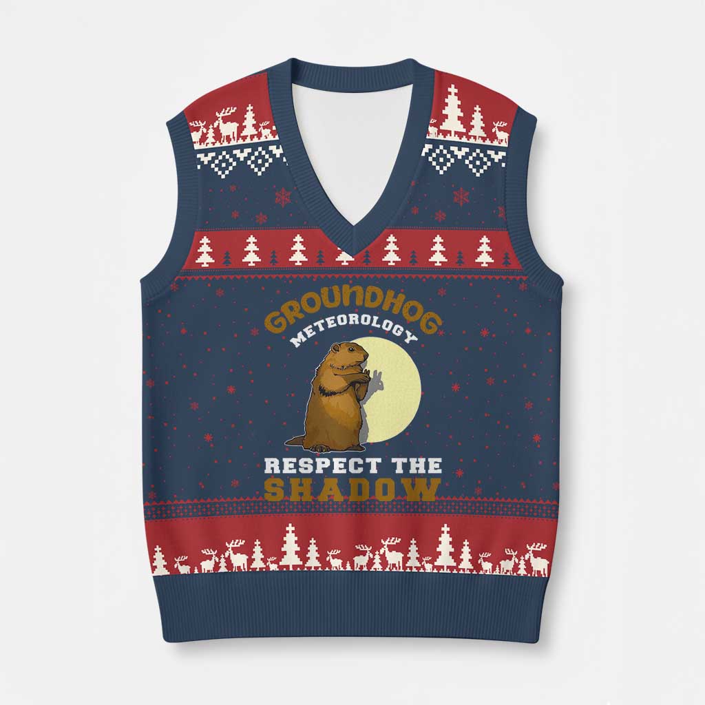 Funny Groundhog Day V-Neck Knit Sweater Vest Groundhog Meteorology Respect The Shadow TS11 Navy Red Print Your Wear