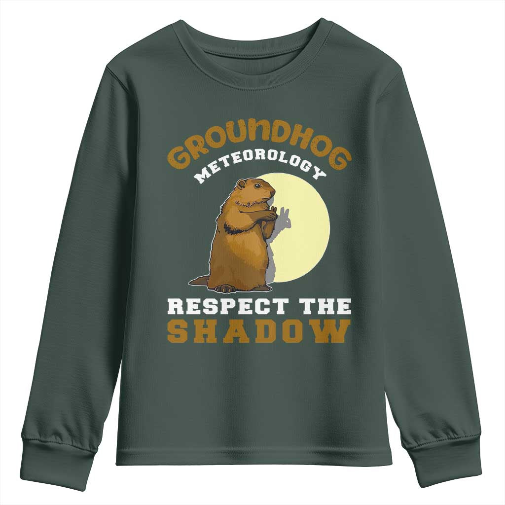 Funny Groundhog Day Youth Sweatshirt Groundhog Meteorology Respect The Shadow TS11 Dark Forest Green Print Your Wear