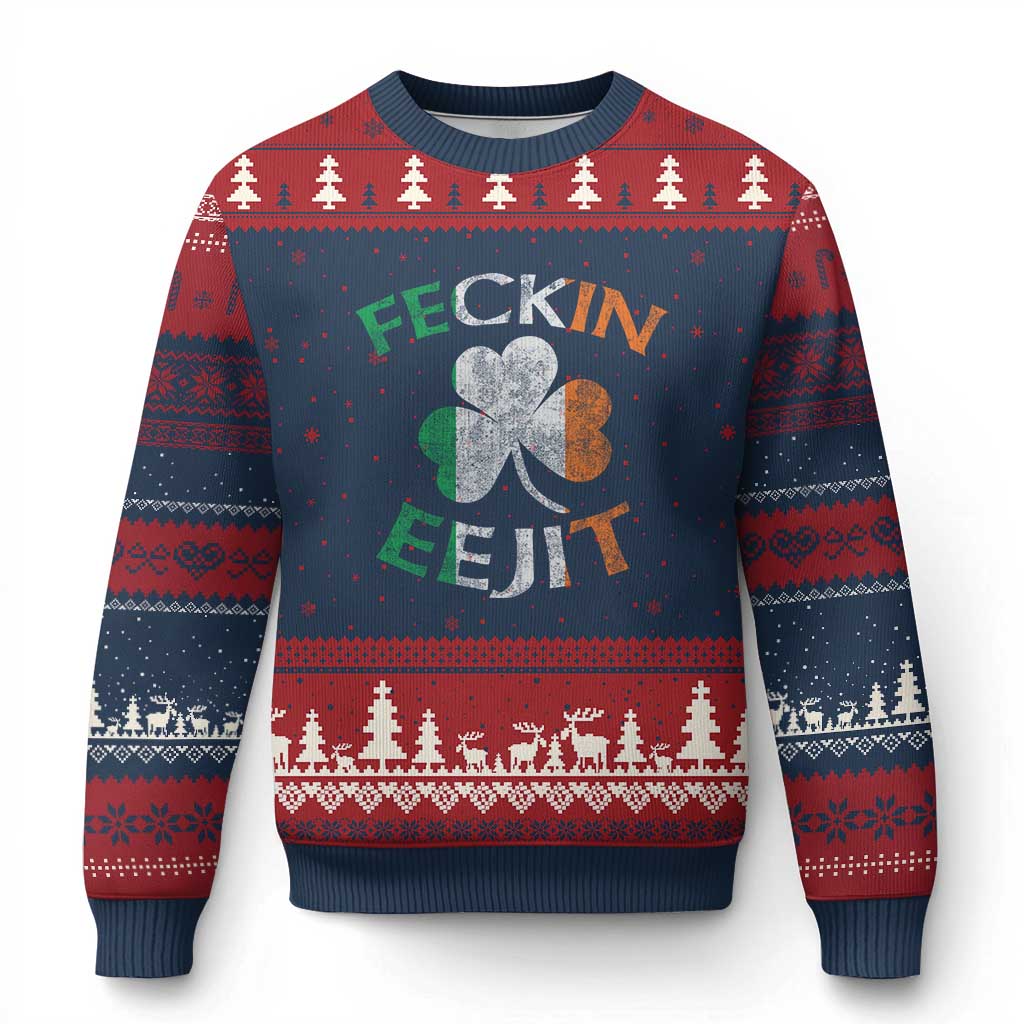 Funny Feckin Eejit Ugly Christmas Sweater Ireland Irish Slang Shamrock St Patrick's Day TS11 Navy Red Print Your Wear