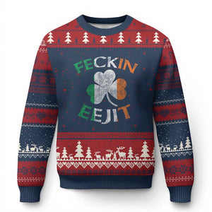 Funny Feckin Eejit Ugly Christmas Sweater Ireland Irish Slang Shamrock St Patrick's Day TS11 Navy Red Print Your Wear