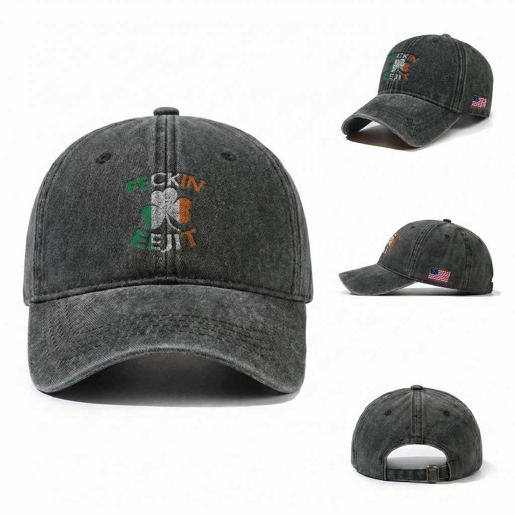 Funny Feckin Eejit Washed Cotton Baseball Cap Ireland Irish Slang Shamrock St Patrick's Day TS11 Washed Cap Universal Fit Dark Green Print Your Wear