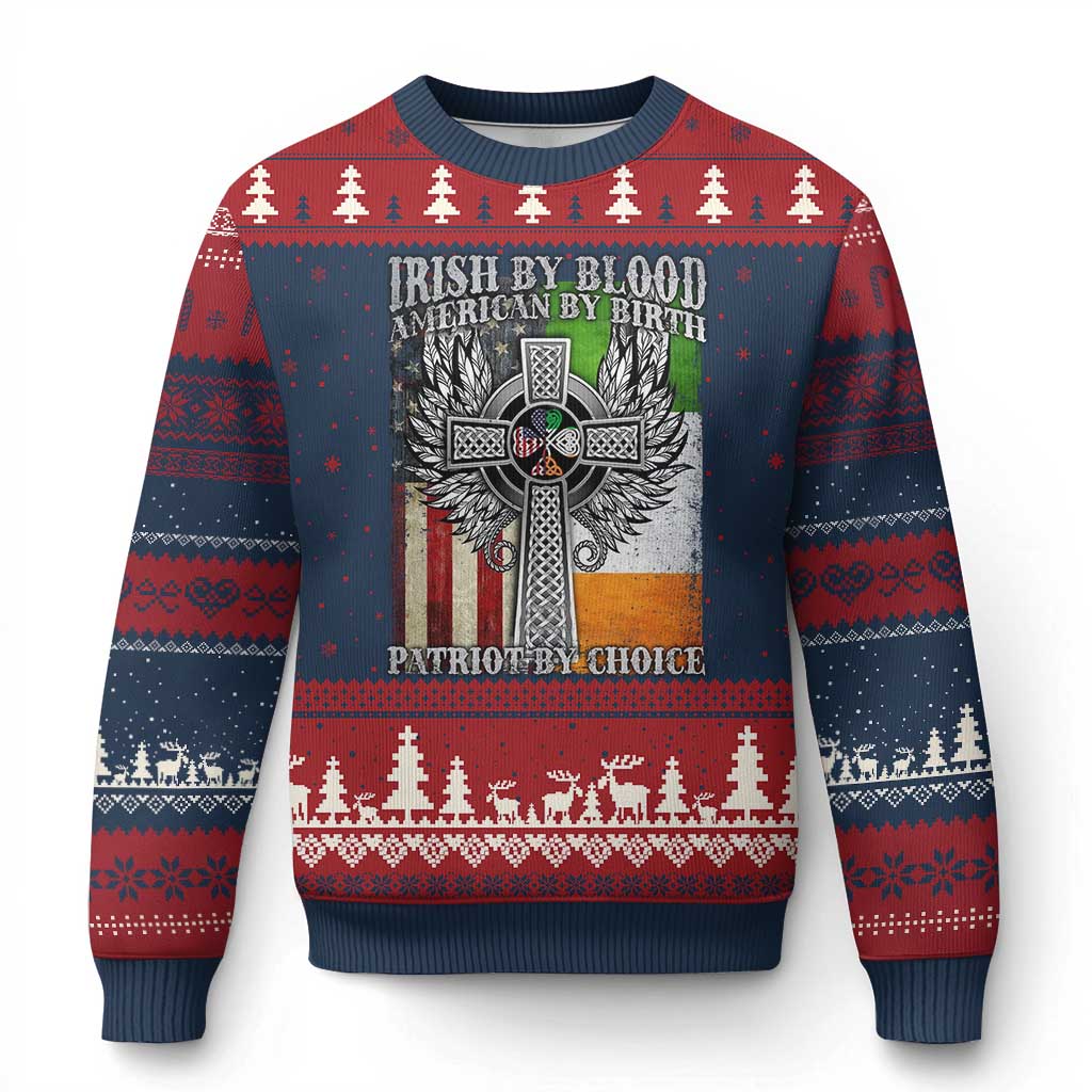 Irish Americans Ugly Christmas Sweater Irish By Blood American By Birth Patriot By Choice Celtic Cross TS11 Navy Red Print Your Wear