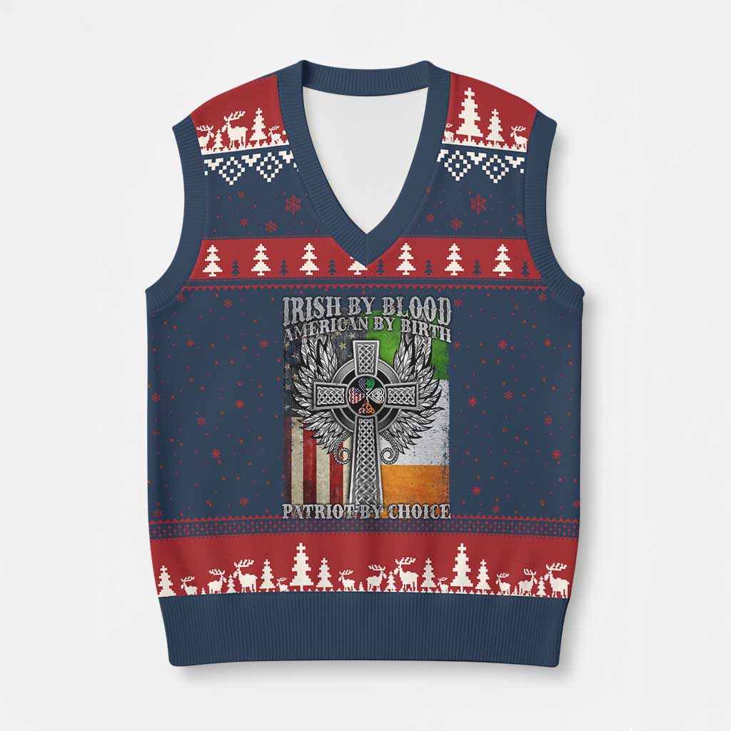 Irish Americans V-Neck Knit Sweater Vest Irish By Blood American By Birth Patriot By Choice Celtic Cross TS11 Navy Red Print Your Wear