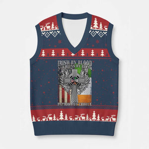 Irish Americans V-Neck Knit Sweater Vest Irish By Blood American By Birth Patriot By Choice Celtic Cross TS11 Navy Red Print Your Wear
