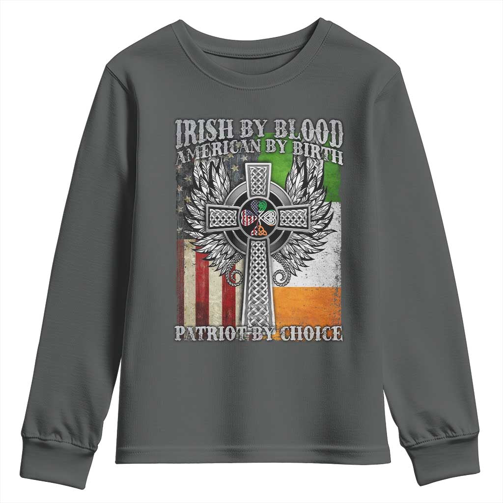 Irish Americans Youth Sweatshirt Irish By Blood American By Birth Patriot By Choice Celtic Cross TS11 Dark Heather Print Your Wear