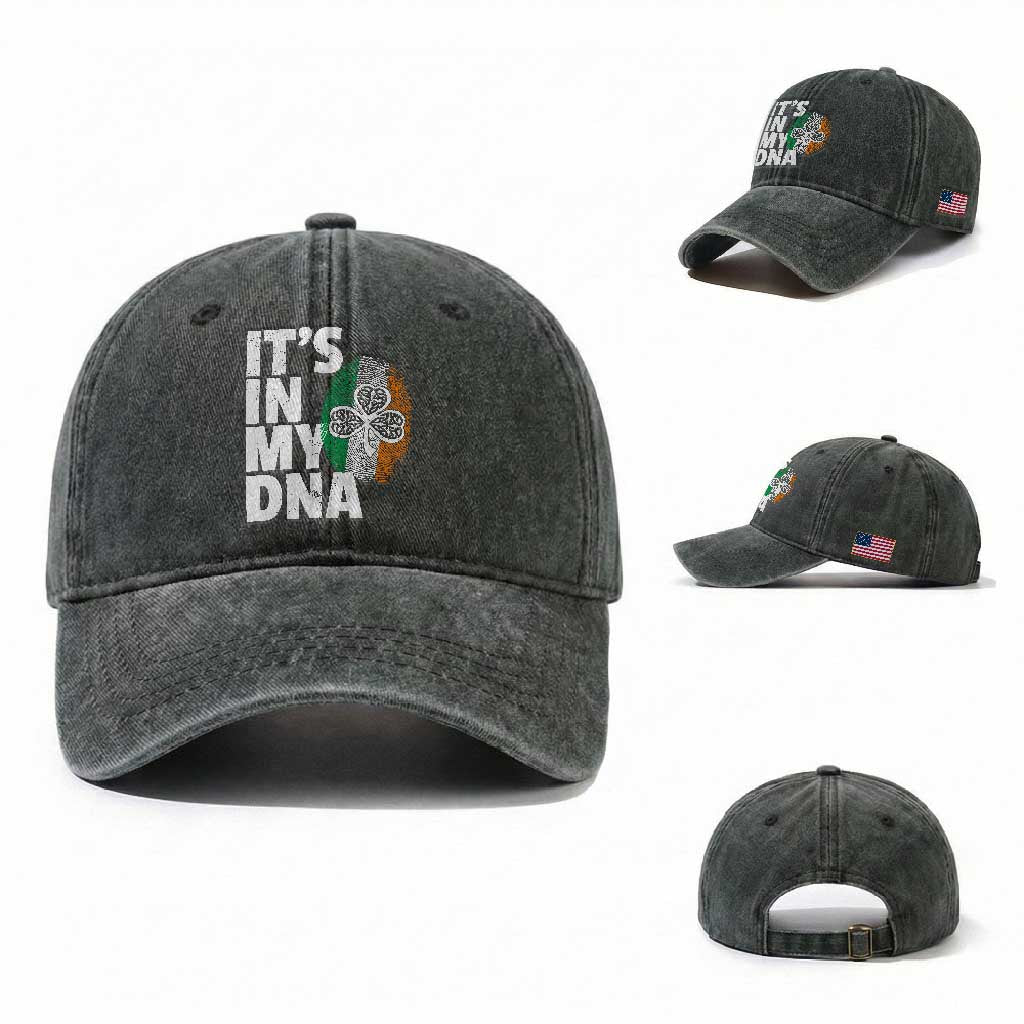 Funny Irish It's In My DNA Washed Cotton Baseball Cap Ireland Fingerprint Flag TS11 Washed Cap Universal Fit Dark Green Print Your Wear