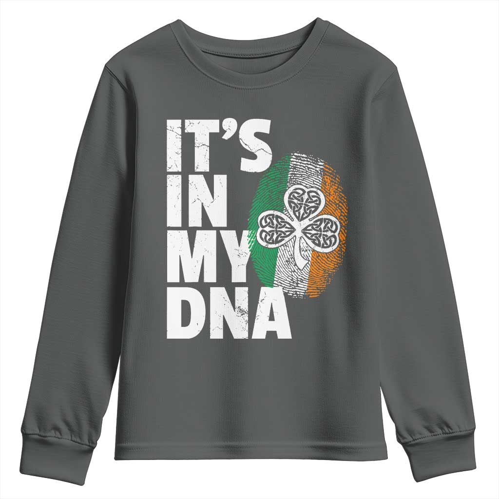 Funny Irish It's In My DNA Youth Sweatshirt Ireland Fingerprint Flag TS11 Dark Heather Print Your Wear