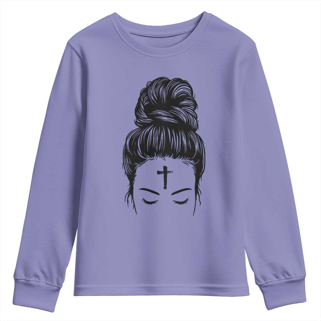 Ash Wednesday Messy Bun Ashes Cross Christian Religious Youth Sweatshirt TS11 Violet Print Your Wear