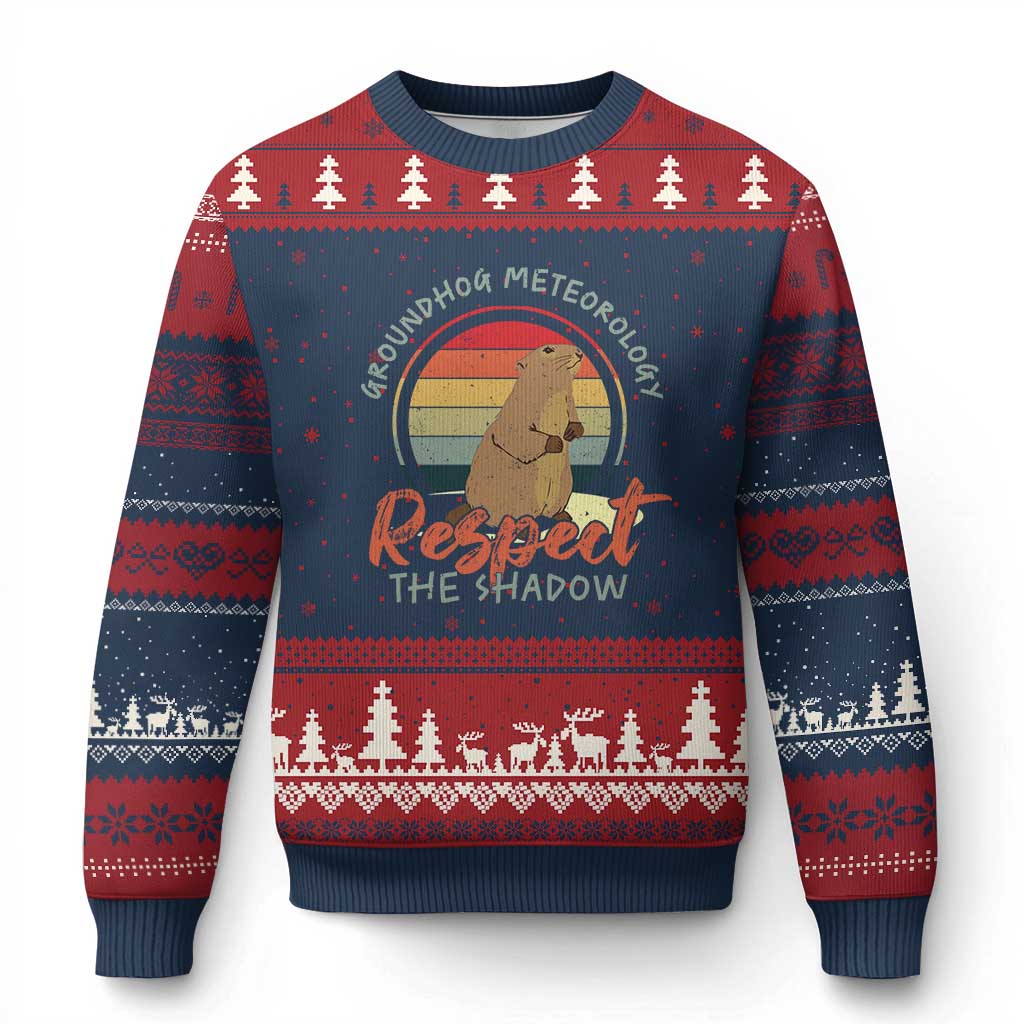 Funny Groundhog Day Ugly Christmas Sweater Groundhog Meteorology Respect The Shadow Vintage Retro TS11 Navy Red Print Your Wear
