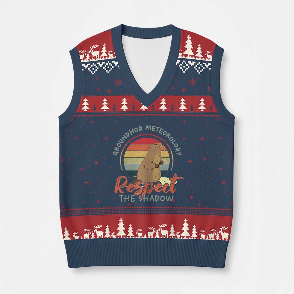 Funny Groundhog Day V-Neck Knit Sweater Vest Groundhog Meteorology Respect The Shadow Vintage Retro TS11 Navy Red Print Your Wear