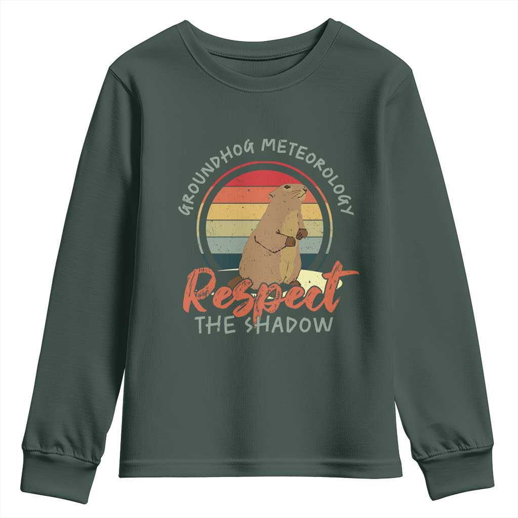 Funny Groundhog Day Youth Sweatshirt Groundhog Meteorology Respect The Shadow Vintage Retro TS11 Dark Forest Green Print Your Wear