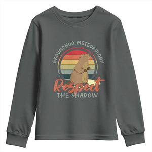Funny Groundhog Day Youth Sweatshirt Groundhog Meteorology Respect The Shadow Vintage Retro TS11 Dark Heather Print Your Wear