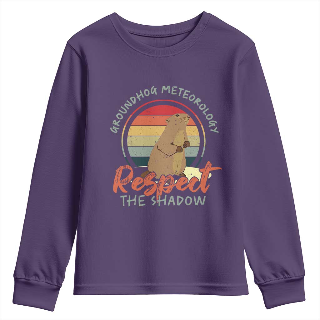 Funny Groundhog Day Youth Sweatshirt Groundhog Meteorology Respect The Shadow Vintage Retro TS11 Purple Print Your Wear