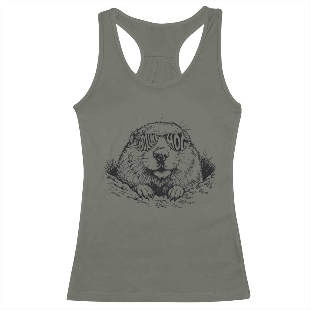 Funny Groundhog Face Woodchuck Sunglassess Racerback Tank Top TS11 Military Green Print Your Wear