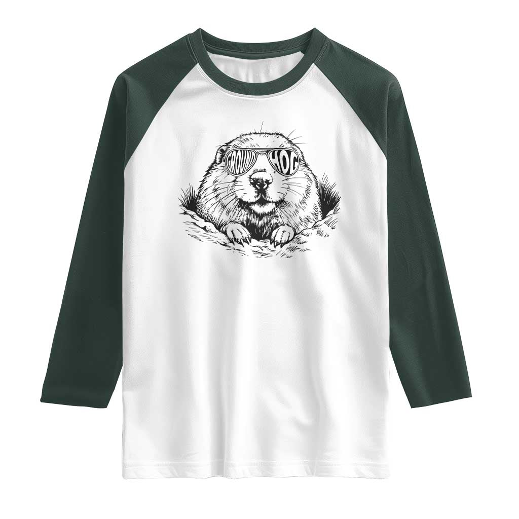 Funny Groundhog Face Woodchuck Sunglassess Raglan Shirt TS11 White Dark Forest Green Print Your Wear