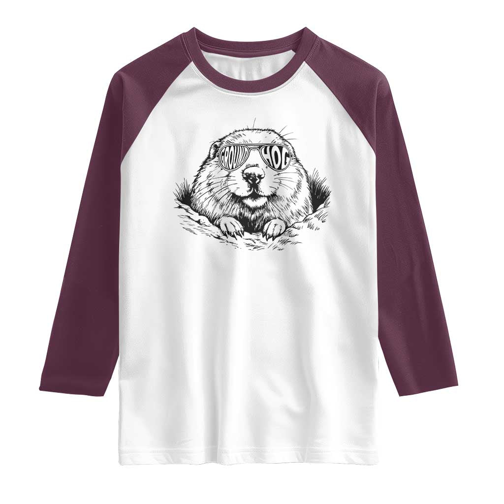 Funny Groundhog Face Woodchuck Sunglassess Raglan Shirt TS11 White Maroon Print Your Wear