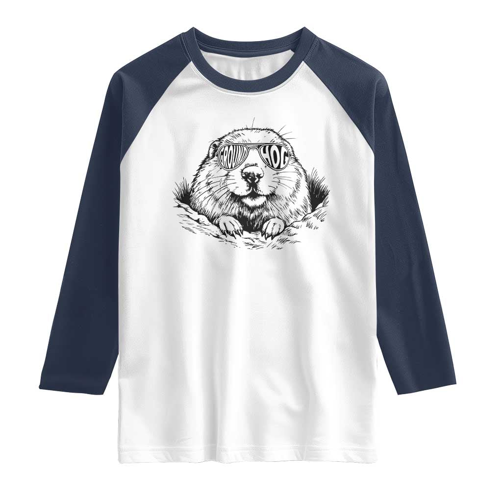 Funny Groundhog Face Woodchuck Sunglassess Raglan Shirt TS11 White Navy Print Your Wear
