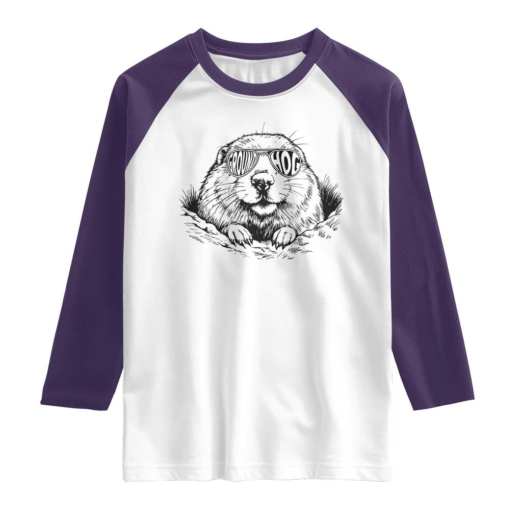 Funny Groundhog Face Woodchuck Sunglassess Raglan Shirt TS11 White Purple Print Your Wear