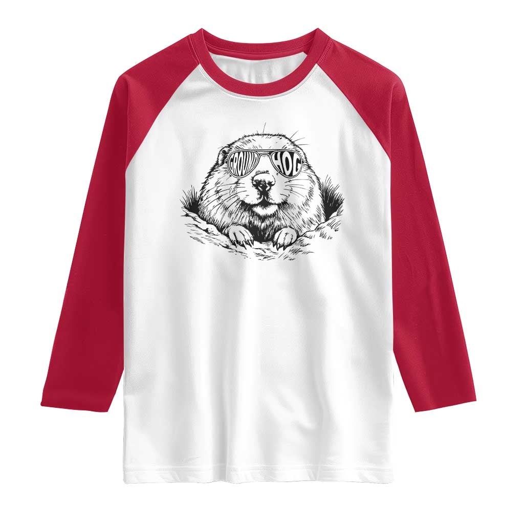 Funny Groundhog Face Woodchuck Sunglassess Raglan Shirt TS11 White Red Print Your Wear