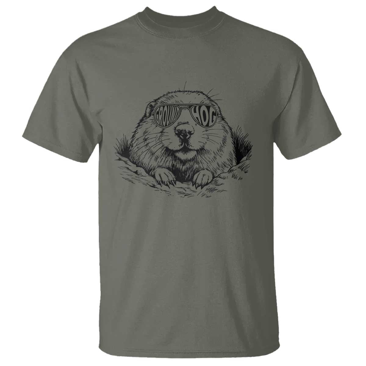 Funny Groundhog Face Woodchuck Sunglassess T Shirt TS11 Military Green Print Your Wear