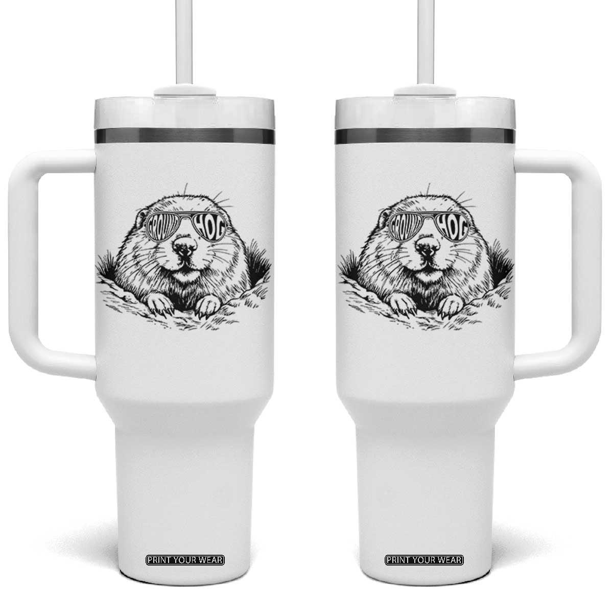 Funny Groundhog Face Woodchuck Sunglassess Tumbler With Handle TS11 One Size: 40 oz White Print Your Wear