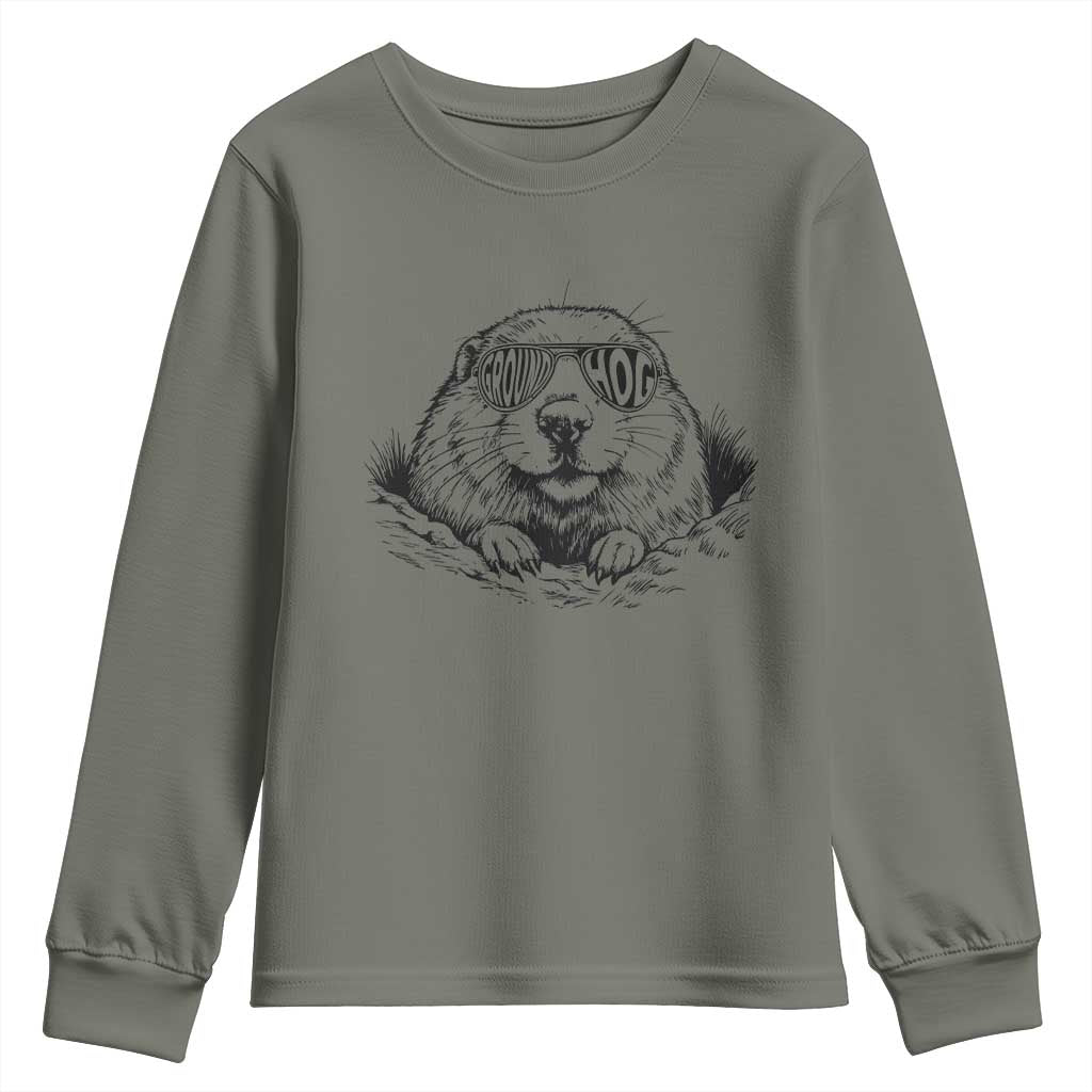 Funny Groundhog Face Woodchuck Sunglassess Youth Sweatshirt TS11 Military Green Print Your Wear