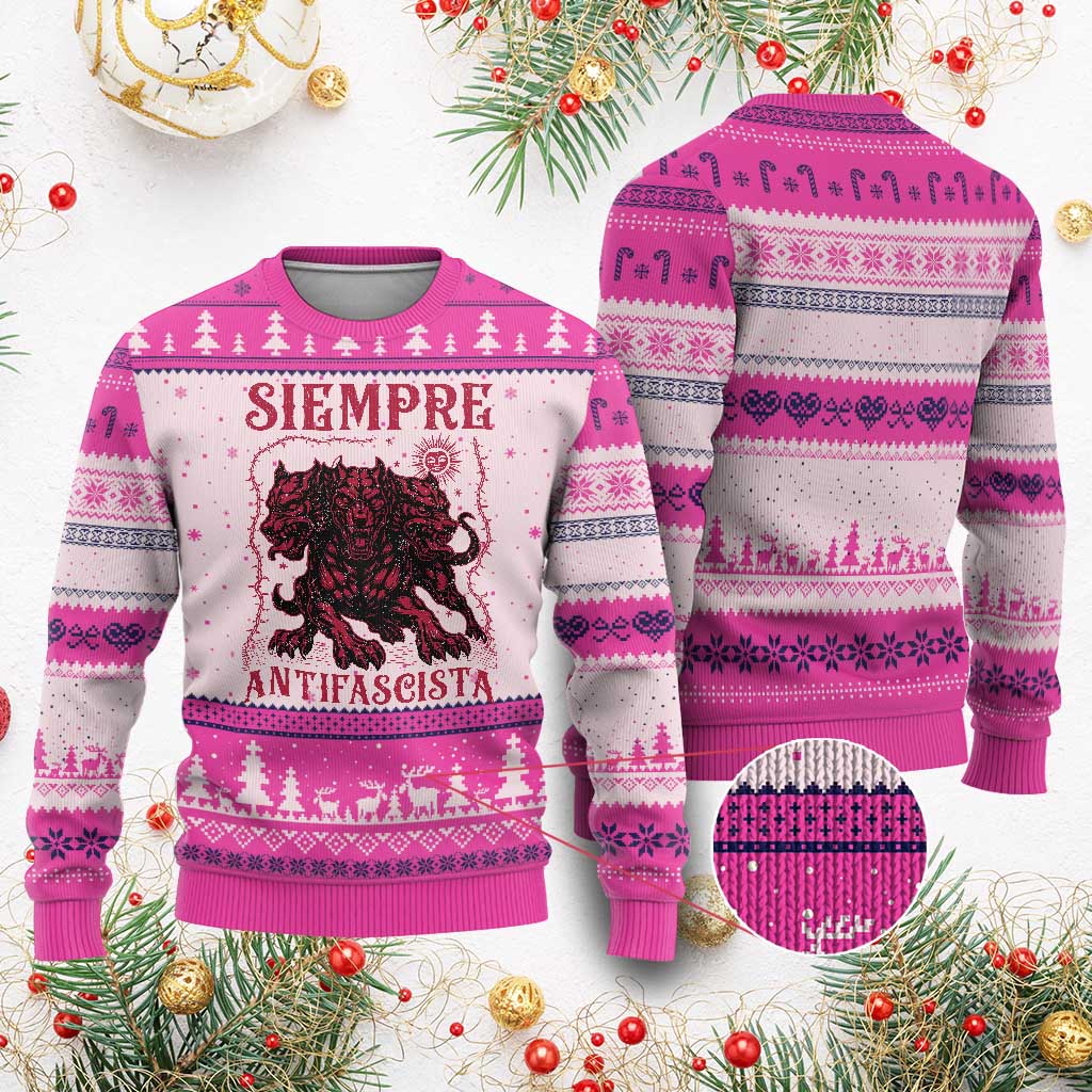 Siempre Antifascista Ugly Christmas Sweater Anti Fascism Protest Vintage Hydra Dog TS11 Hot Pink Print Your Wear