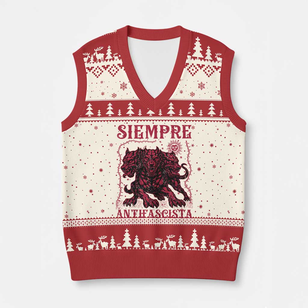 Siempre Antifascista V-Neck Knit Sweater Vest Anti Fascism Protest Vintage Hydra Dog TS11 Beige Red Print Your Wear