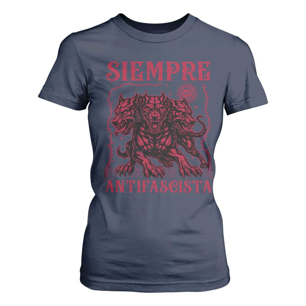 Siempre Antifascista T Shirt For Women Anti Fascism Protest Vintage Hydra Dog TS11 Navy Print Your Wear