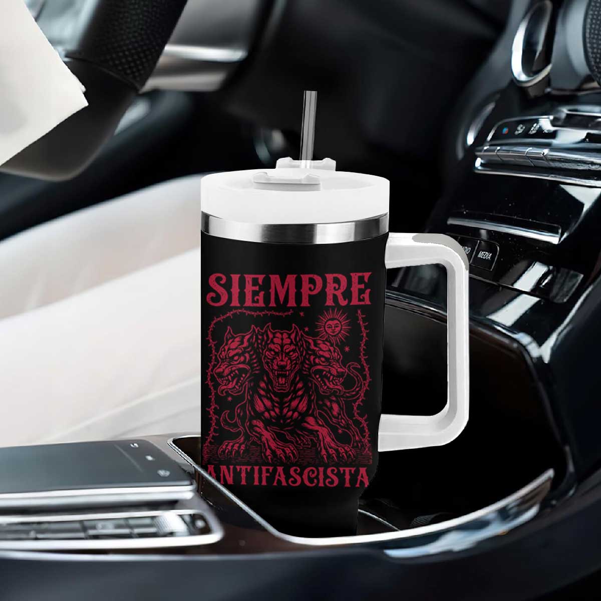Siempre Antifascista Tumbler With Handle Anti Fascism Protest Vintage Hydra Dog TS11 Print Your Wear