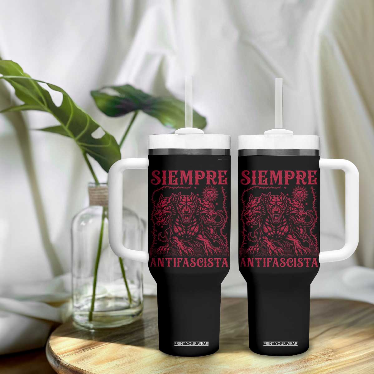 Siempre Antifascista Tumbler With Handle Anti Fascism Protest Vintage Hydra Dog TS11 Print Your Wear
