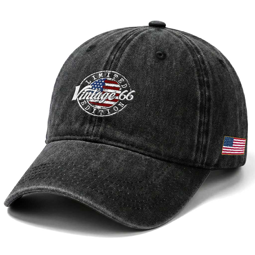 Funny 60th Birthday Washed Cotton Baseball Cap Vintage 1966 Stamp 60 Years Old American Flag