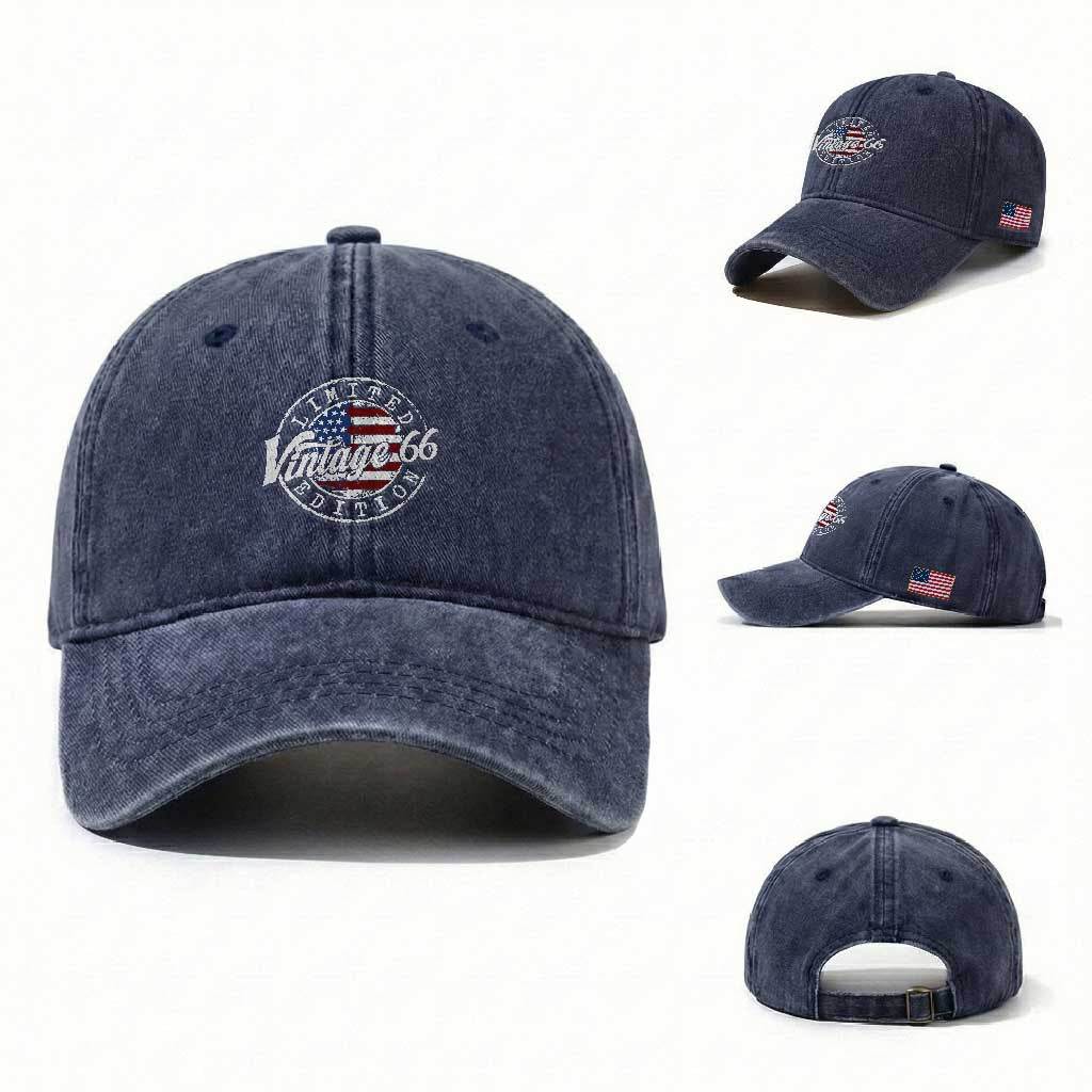 Funny 60th Birthday Washed Cotton Baseball Cap Vintage 1966 Stamp 60 Years Old American Flag