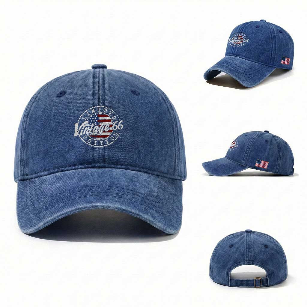 Funny 60th Birthday Washed Cotton Baseball Cap Vintage 1966 Stamp 60 Years Old American Flag