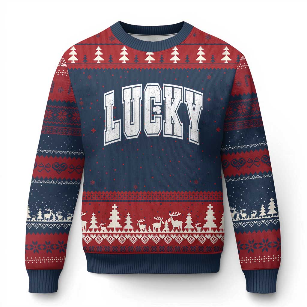Vintage Lucky Shamrock Clover St Patricks Day Ugly Christmas Sweater TS11 Navy Red Print Your Wear
