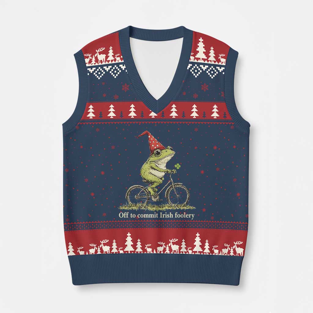 Funny Frog St Patricks Day V-Neck Knit Sweater Vest Off To Commit Irish Foolery Four Leaf Clover TS11 Navy Red Print Your Wear