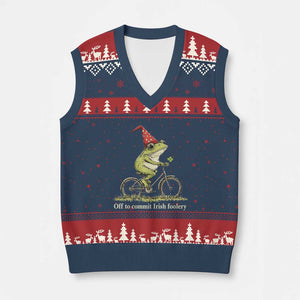 Funny Frog St Patricks Day V-Neck Knit Sweater Vest Off To Commit Irish Foolery Four Leaf Clover TS11 Navy Red Print Your Wear