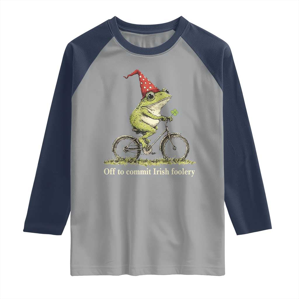 Funny Frog St Patricks Day Raglan Shirt Off To Commit Irish Foolery Four Leaf Clover TS11 Sport Gray Navy Print Your Wear