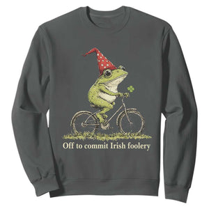 Funny Frog St Patricks Day Sweatshirt Off To Commit Irish Foolery Four Leaf Clover TS11 Dark Heather Print Your Wear