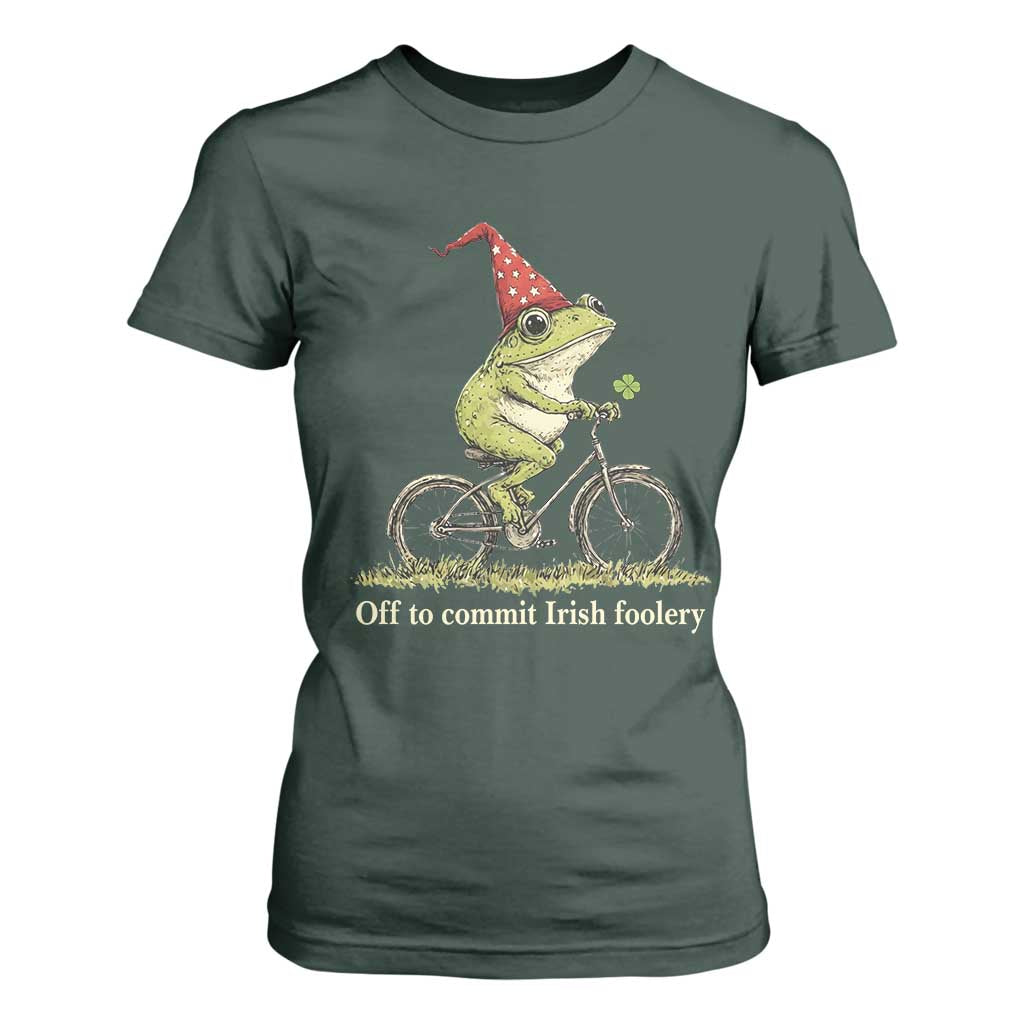Funny Frog St Patricks Day T Shirt For Women Off To Commit Irish Foolery Four Leaf Clover TS11 Dark Forest Green Print Your Wear