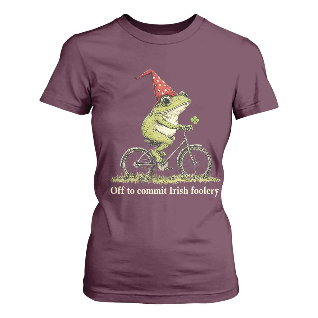 Funny Frog St Patricks Day T Shirt For Women Off To Commit Irish Foolery Four Leaf Clover TS11 Maroon Print Your Wear