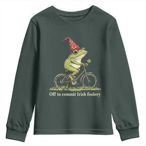Funny Frog St Patricks Day Youth Sweatshirt Off To Commit Irish Foolery Four Leaf Clover TS11 Dark Forest Green Print Your Wear