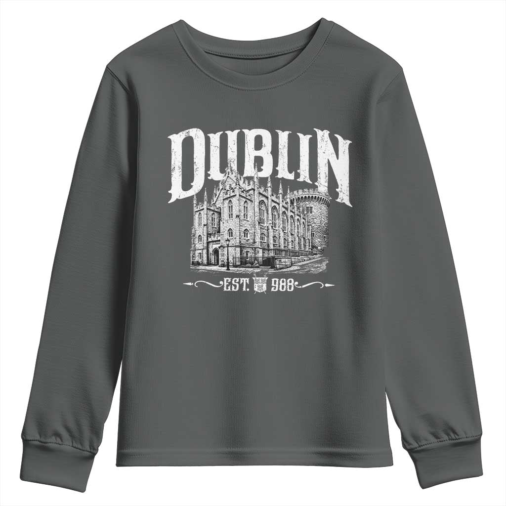 Dublin Castle Ireland Est 988 Travel Souvenir Youth Sweatshirt TS11 Dark Heather Print Your Wear