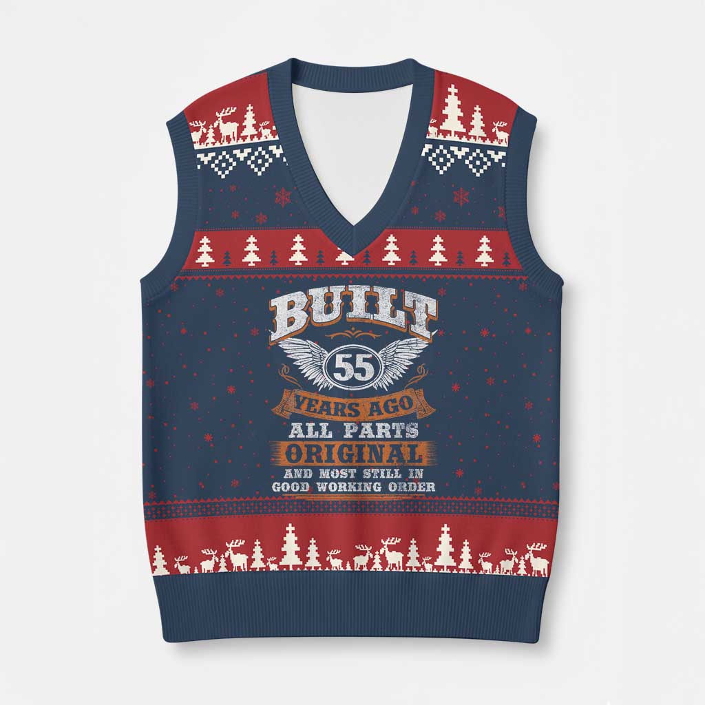 Funny 55th Birthday V-Neck Knit Sweater Vest Built 55 Years Ago All Parts Original And Most Still In Good Working Order TS11 Navy Red Print Your Wear