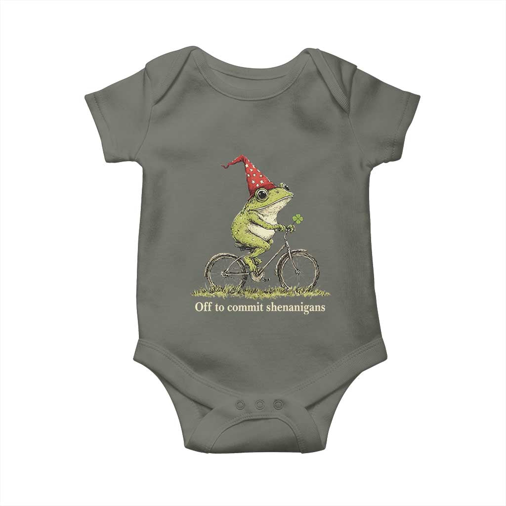 Funny Frog St Patricks Day Baby Onesie Off To Commit Shenanigans Four Leaf Clover TS11 Military Green Print Your Wear